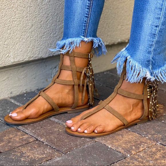 Fringe & Studs Strappy Boho Gladiator Ankle Sandal - Picture 6 of 14